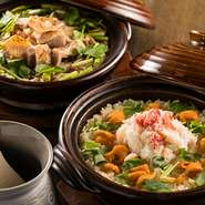 旬の食材を使った季節の土鍋御飯は定番の人気メニュー「比内地鶏」「赤城和牛」「季節の魚介」「ノドグロ御飯」「鯛めし」など常時3～5種類。注文を受けてから炊き上げるので少々お時間をいただきます。