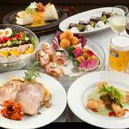 DKスタンダードプランは、2時間飲み放題に、前菜３種のプレートと他に料理が4品、デザート１品が付いて4500円とお得。ビールにあうボリューム満点の料理が並びます。コースメニューは年に４回変わります。