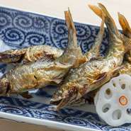 琵琶湖で捕れた小ぶりの鮎を炭火で塩焼きに。外はパリパリ、中はふんわりの焼き加減に熟練の技が光ります。