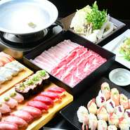 金沢漁港の他、全国から仕入れた朝獲れの鮮魚を、握り寿司食べ放題で堪能。シャリの優しい酸味と共に、魚の旨みが口の中に広がります。牛・豚肉が味わえるしゃぶしゃぶと共に、手頃な金額で味わえる食べ放題。