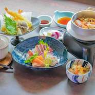 ランチメニューのいいとこ取り
刺身・天婦羅・釜めし全部食べたい欲張りな方へ
※2024.7.11～