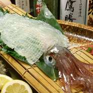素材は、福岡県の漁業協働組合がブランド化しているヤリイカを使用したお刺身。甘みがしっかりとあり、弾力のある食感は妙味です。尚、お造りを希望すると、ゲソなどを塩焼きもしくは天ぷらで食べられます。