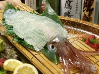 素材は、福岡県の漁業協働組合がブランド化しているヤリイカを使用したお刺身。甘みがしっかりとあり、弾力のある食感は妙味です。尚、お造りを希望すると、ゲソなどを塩焼きもしくは天ぷらで食べられます。