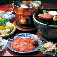 前菜二種・ハムサラダ・あみ焼半人前＋しゃぶしゃぶ1人前・食事・水物