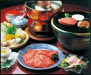 前菜二種・ハムサラダ・あみ焼半人前+しゃぶしゃぶ1人前・食事・水物