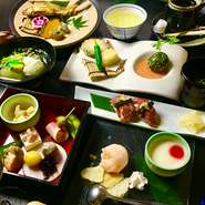 【先付】季節の八寸
【椀物】鱧（はも）と野菜の炊き合わせ
【揚物】おからコロッケと野菜の天ぷら
【主菜】鮎の塩焼き＆野菜の田楽
【御飯】アンガス牛の炙り寿司
【甘味】デザート盛り合せ ２種