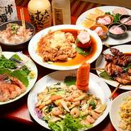 宴会コースは、海鮮炒め、油淋鶏、特製チャーハンなど人気の中華メニューがずらり。刺身や焼鳥の盛り合わせも豪華に並びます。予算に応じて『得とくコース』、『満腹コース』、『贅沢コース』の3種類から選べます。