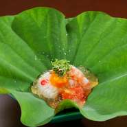 蓮の葉にのった水滴をイメージ。鱧の落としと車海老、トマト、南瓜に土佐酢のジュレをかけた一品です。鱧の落としの皮目にそっと忍ばせたワサビが味を引き締め、土佐酢の酸味と旨みが口の中に染み渡ります。