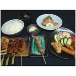 お通し、鴨ロース、串盛合せ、揚げ物、ご飯、みそ汁、漬物
