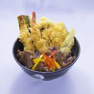 天きち自慢の天丼に牛バラ肉のてり焼きをプラス！
秘伝のタレを使用した「牛てり焼き」と「天ぷら」の組み合わせは絶品！
やみつきになること間違いなしの１品です。
マヨネーズトッピングもおすすめ。