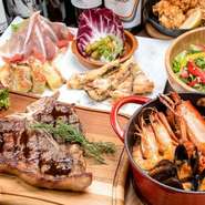 おしゃれな雰囲気の中で料理を楽しめるお店です。前菜、サラダ、フライ、肉などを組み合わせたコース料理も各種あり、立席時40名、着席時30名で貸切もできますので、お気軽にご相談ください。