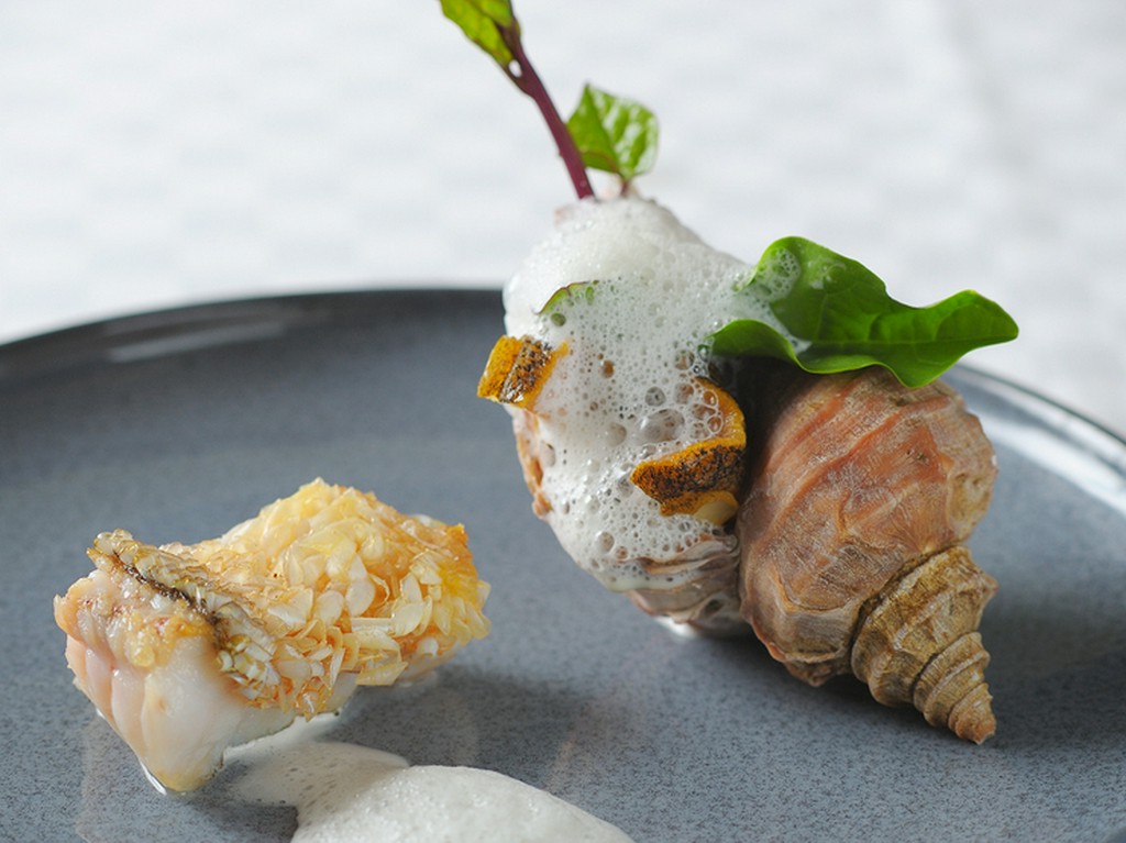 魚 ～山口県産 天然の甘鯛のうろこ焼き　　北海道 つぶ貝 ソースカプチーノ～