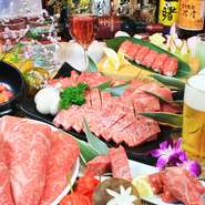 前菜三種盛
焼き野菜盛
旬の野菜サラダ
【薩摩牛極】刺身ロース/上カルビ塩/上赤身肉
上和牛ホルモン2種
国産鶏もも
六白黒豚”握り2貫”湯引き
”あごだし”わかめスープ
デザート