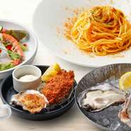 生牡蠣2ピース／魚介のサラダ仕立て／焼き牡蠣　牡蠣フライ各1ピース／牡蠣スープ
選べるメイン下記の1～7から1つお選びください。