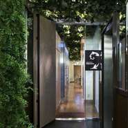 ビルの奥まった場所にありますが、ビル入り口から店へと続くエントラスの壁にも店内と同じように葉を敷き詰め、お客さまを誘うアプローチをつくっています。デートや接待など多くのシーンにご利用ください。