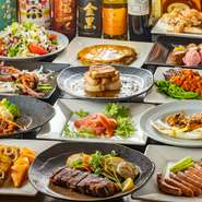 6000円込み込みカジュアルコース、季節の込み込み宴会コース７０００円、マグロの生ハム、サラダ、はこ豚ソーセージ、トーフステーキ、チキン、魚の丸焼き、はこ豚ステーキ、あしたか牛モモ、お好み焼き、デザート