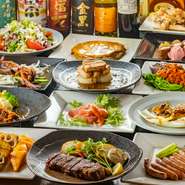 あしたか牛たたき風ステーキ、駿河湾の魚のグリル、サーロインステーキ他全部10品