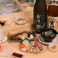 『宝川大吟醸』といった小樽の地酒はじめ、『国稀　特別純米酒』などお寿司に合う北海道の日本酒が多数用意されています。水が美味しい小樽で仕込んだお酒は秀逸です。