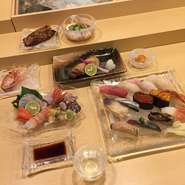 小鉢・刺身・蒸し物・焼き物・お椀・寿司8貫・巻物1本・デザート

※写真はイメージです
