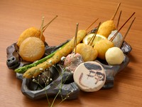 アスパラ一本揚げ・豚チーズ巻き・味しみ大根・じゃがバター・海老玉※苦手なものは変更できます。※一本ずつゆっくり提供もできます。