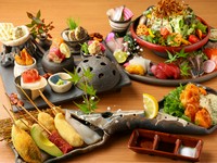 本日の造り盛り・本日のおまかせサラダ・本日のおまかせ一品・串かつ3本・大皿あて盛り合わせ