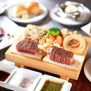 特選黒毛和牛の炙り醤油ジュレ仕立て、本日のポタージュスープ、特選神戸ビーフロースステーキ（100g）、サラダ、パンorライス、シャーベット、コーヒー