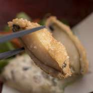 姫あわびを丸々一個そのままフライにした、鮑専門店だからこそできる一品。タルタルソースに肝醤油を絡めるのが通の楽しみ方です。