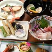 先付・八寸・お造り・焼き物・煮物・蒸し物・油物・吸物・ご飯物・香の物・デザート