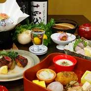 Lunchで、ディナーコース一番人気の5,000円コースはいかがですか？
お得なコースご用意しております!
おばんざい盛り合わせ
向付
寿司
一品
焼き物
炊き込みご飯
止め椀
デザート
