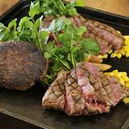 サーロインステーキ120g、ヒレステーキ120g、自家製和牛100％のハンバーグ200ｇの3品を盛り合わせています。すべて国産和牛（仙台牛）を使用しています。