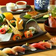 【KINKA】では歓送迎会に合わせて様々なコースをご用意。炙り寿司～デザートまで堪能できます。おしゃれな店内を個室感覚に貸切にして、プライベートな宴にも最適。歓送迎会は、ぜひ【KINKA】で！