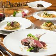 旬の食材をふんだんに盛り込んだシェフ全力投球コースです。前菜からドルチェまでイタリア料理の基本を大切しながらオリジナリティ溢れる品々をお楽しみ下さい。