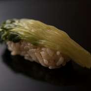 福岡の農家から直接買い付ける、手摘みのカイワレ菜を漬物状にしたタネ。最初は「鮨にカイワレ？」とおっしゃっていた方も、一度味わうとファンになっていただける握り。種子島の天日塩と真昆布で漬けています。