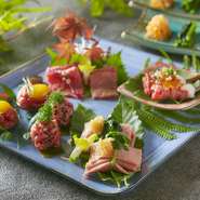 厳撰された山形牛の赤身もも肉を使用した
刺身とユッケの盛り合わせで
女子会も盛り上がること間違いなし！