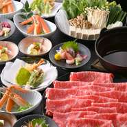 地元新潟産のくびき牛をはじめ、黒毛和牛や薩摩黒豚など国内でも有数の肉を贅沢に使用しています。これらの肉と新鮮野菜を使用したしゃぶしゃぶは、舌だけではなく目でも楽しめる彩りです。