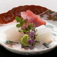 地元の食材にこだわり、瀬戸内海で水揚げされた魚を、毎日目利きして入荷しています。写真は貴重なよこわまぐろ、天然鯛、剣先イカ。