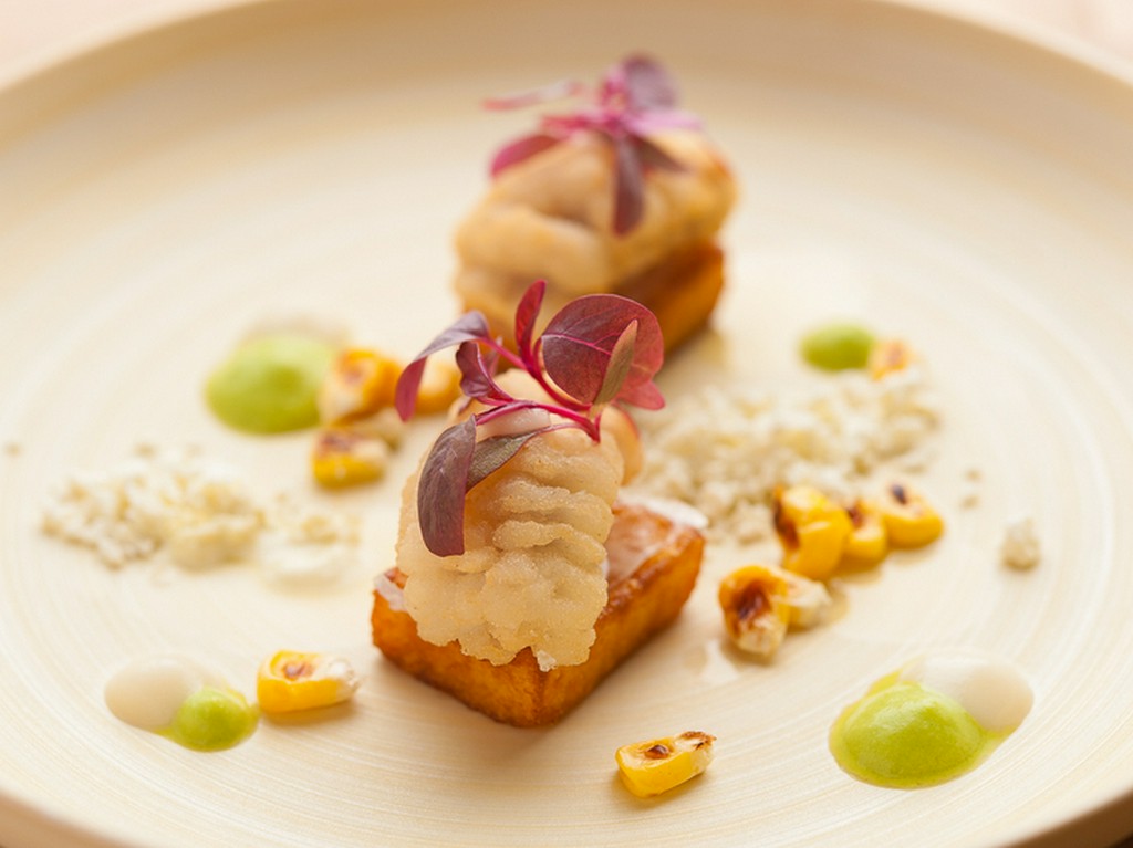 鱧とポレンタ　新玉葱と万願寺とうがらしのソース　実山椒のアクセント（ある月のメニューより）