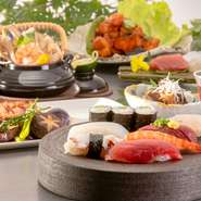 たまの贅沢に、寿司コースをご用意しました
先付、刺身、焼き物、蒸し物、揚げ物、煮物、寿司、デザートの計8品　※仕入れの状況で予告なくメニューが変更になる場合がございます

