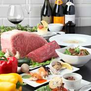 広島の有名ステーキ店のコースを完全再現した味コース。前菜からサラダ、海鮮鉄板焼き、ステーキ、ガーリックライス、デザートと隙のない人気コースです。