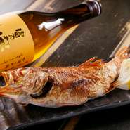 料理は炉端焼が中心。金目鯛やサバ、真鯛といった漁港直送の鮮魚、新鮮野菜を香ばしく焼き上げてくれます。塩、味噌、醤油など調味料にもこだわりあり。