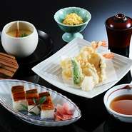 小鉢/茶碗蒸し/海老と穴子の天婦羅/穴子押しずし