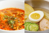 ビビンバ、石焼ハーフビビンバ、ユッケジャン、牛骨スープ、盛岡冷麺より2品お選びください。
［3種の韓国惣菜・サラダ］