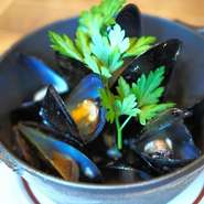 ムール貝をシンプルに白ワイン蒸しに仕上げました。