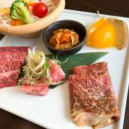 和牛カルビ・薄切カルビ・ネギ塩中落
ライス、スープ、サラダ、キムチ、ミニ焼野菜付