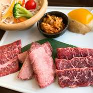 和牛カルビ・牛ハラミ・牛タン
ライス、スープ、サラダ、キムチ、ミニ焼野菜付