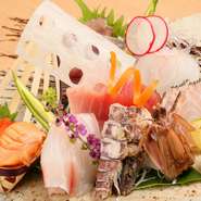仙鳳趾、日高、留萌、釧路など各地から旬の食材を直接仕入れています。写真は山口県・萩から直送された鮮魚の品々。