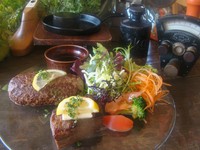 ハンバーグ150g、ステーキ80g。自慢のレアレアハンバーグと厳選お肉のステーキの良い所どり。常陸牛は旨い！と実感できる欲張りなヒトサラです。ステーキのお肉を＋1100円で「常陸牛霜降ロース」に変更できます。