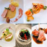 前菜5種類、お肉料理４種類からお好きなお料理をお選び頂ける、アミューズ、前菜、スープ、お魚料理、お肉料理、デザート、食後のお飲み物がついたディナープリフィックスコース
