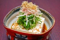 自家製の濃厚な豆腐に、たっぷりの九条葱、揚げジャコ、茗荷を添えています。京の出汁でお召し上がりください