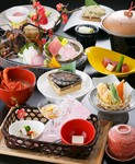 ・前菜盛合せ
・伊勢海老と旬の刺身
・茶碗蒸し
・黒毛和牛(A5)と鮑のステーキ
・おまかせ天ぷら
・伊勢海老味噌汁
・ふのりそば
・デザート盛合せ

＊２名様から承ります。